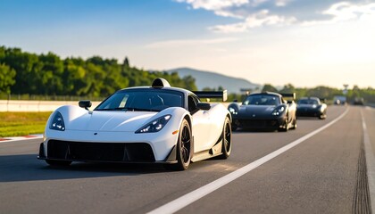 White sports cars on a racetrack under a partly cloudy sky