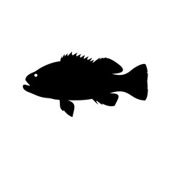 Black silhouette of a fish with dorsal fin and defined tail