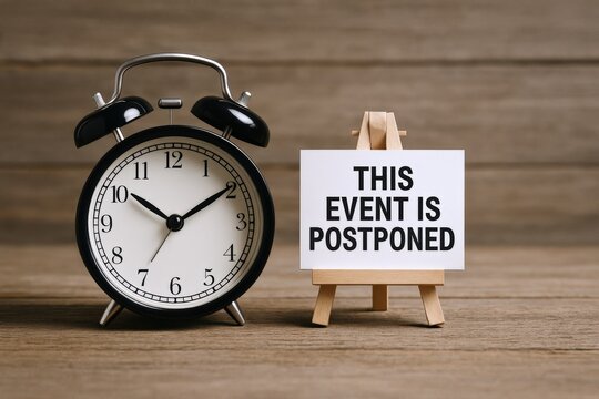 Event Postponement Announcement with Classic Alarm Clock on Wooden Background, Cancellation Notice Template