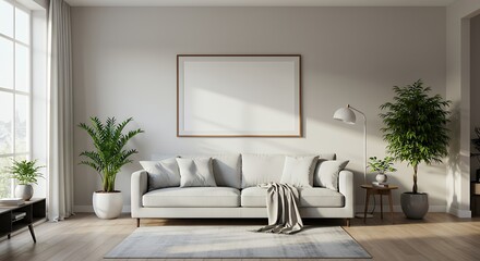 Bright airy living room with a large blank frame above the sofa, decorated with minimalist furniture, indoor plants, aesthetic rug, and cozy sunlight streaming in. template mockup poster.