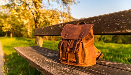 A tan leather backpack rests on a weathered wooden park bench, surrounded by lush greenery and blossoming trees.
