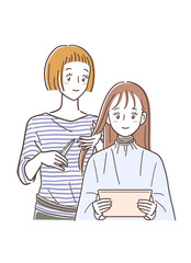 美容室で髪を切る女性とタブレットPCを見ている女性のイラスト素材