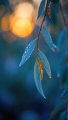 Dew drops on autumn leaves with soft sunset bokeh fall