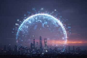 Digital Global Network Over Cityscape, Representing Connection, Technology, and Advanced Communication Systems