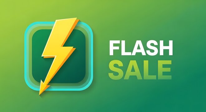 Bright yellow lightning bolt symbolizing a fast flash sale event on a green gradient background - Powered by Adobe