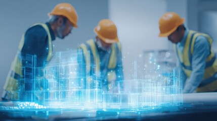 Construction Workers Examining Holographic Building Plans: Modern Architecture, Engineering, and Futuristic Technology Integration