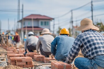 Construction Workers Laying Bricks at a Building Site Under a Clear Blue Sky on a Sunny Day