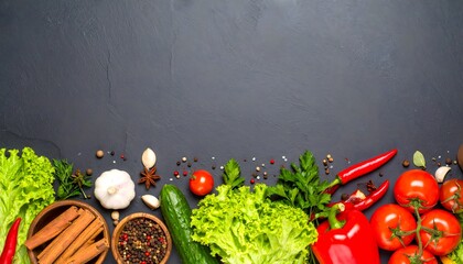 vegetables and spices on a black wooden board 
