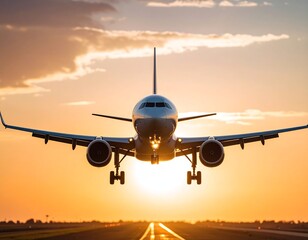 Obraz premium Airplane landing at sunset (23)