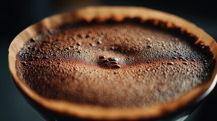 Obraz premium Close-up of Freshly Brewed Coffee in Filter, Showing Rich Aroma and Texture, Ready to Serve
