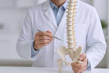 Doctor Explaining Spinal Anatomy with Model, Demonstrating Vertebrae, Pelvis, and Spine Health in Clinic