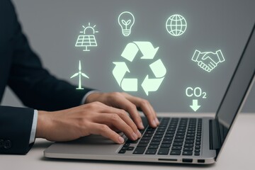 Sustainable Business Practices: Man Typing on Laptop with Environmental Icons, Representing Green Solutions and Corporate Responsibility