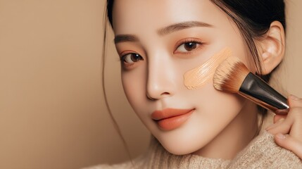 Asian woman applying foundation with brush for perfect skin, beauty product promotion, skincare routine