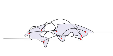 Minimalist Doodle of Global Travel with Airplane Route on Earth Map. Continuous one line drawing. © berkahlineart