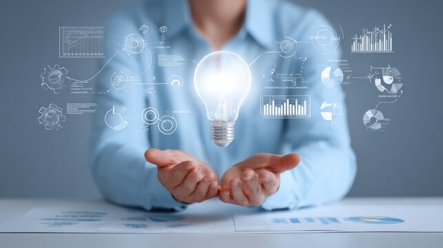 Businesswoman Presenting Innovative Idea with Glowing Light Bulb and Financial Data Visualization, Demonstrating Creativity