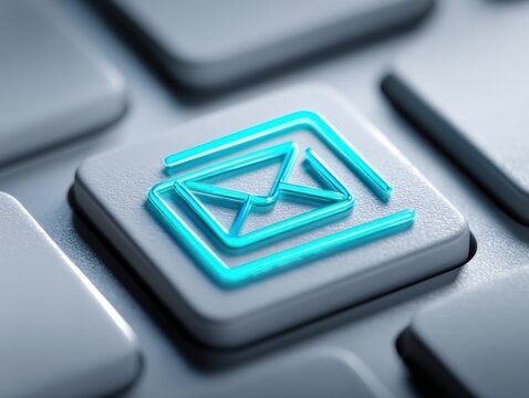 Email Button Close-Up on Keyboard with Blue Neon Glow, Communication and Technology Concept