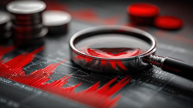 Market Analysis with Magnifying Glass Over Stock Chart Showing Downtrend, Representing Financial Risk and Losses