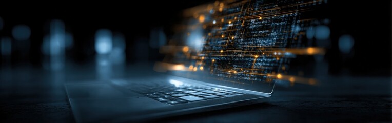 Laptop Displaying Abstract Data Stream, Emphasizing Connectivity, Digital Transformation, and Information Technology Concepts