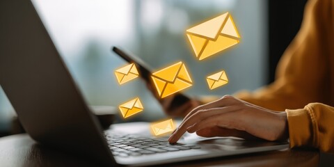 Close-up of Person Checking Email on Laptop and Phone with Email Icons Overlaying