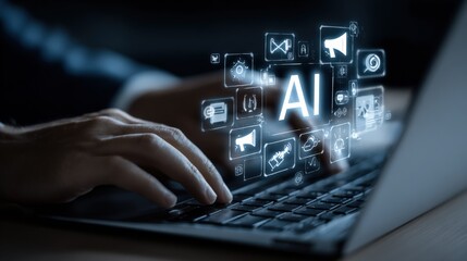 Artificial Intelligence Integration: Hands Typing on Laptop with AI Iconography Overlay, Representing Future Technology