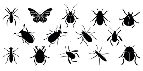 Collection of diverse insect silhouettes including butterflies, beetles, ants, and spiders, offering a versatile design element for nature and science themes.