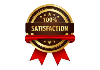 Golden 100 percent satisfaction award ribbon isolated on transparent background