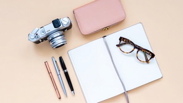 Flat lay of travel and work essentials with camera and notebook