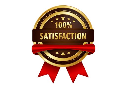 Golden 100 percent satisfaction award ribbon isolated on transparent background