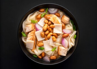 Hearty wok-style stir-fry of chicken, tofu, and wide rice noodles with red onion petals, green peas sprinkle of crunchy 