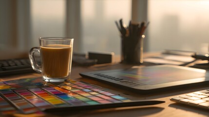 Creative designers workspace with graphics tablet color swatches and coffee in warm light.