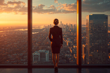 Fototapeta premium Rear view of a female executive leader watching the cityscape from a skyscraper penthouse. A concept of success, ambition, and vision.