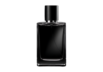 Elegant rectangular perfume bottle with black cap isolated on transparent background