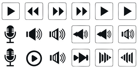 Essential media playback icons featuring play, pause, rewind, fast forward, volume, and microphone symbols for digital interfaces.
