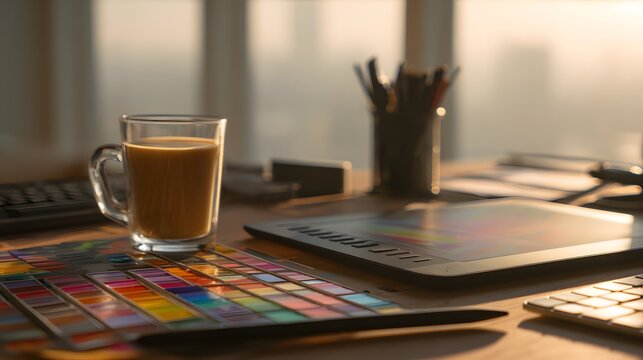 Creative designers workspace with graphics tablet color swatches and coffee in warm light.