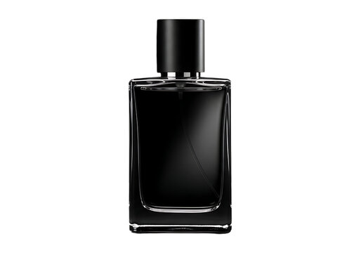 Elegant rectangular perfume bottle with black cap isolated on transparent background
