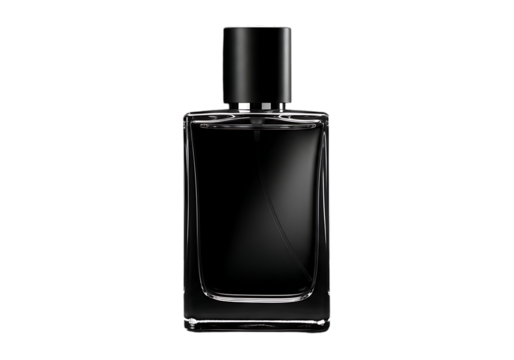 Elegant rectangular perfume bottle with black cap isolated on transparent background