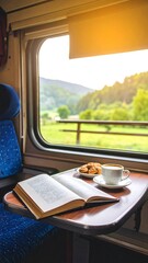 Train window seat with book and coffee