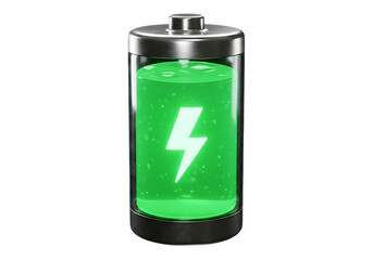 Green battery power indicator with lightning bolt isolated on transparent background