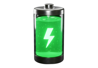 Green battery power indicator with lightning bolt isolated on transparent background
