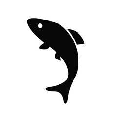 Fototapeta premium Silhouette of jumping fish isolated on white - Black silhouette of a fish jumping upward, simple minimalist aquatic animal design ideal for fishing, seafood, or nature-themed graphics. 