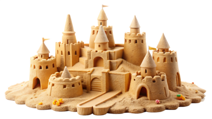 Intricate Sandcastle with Towers and Flags on Background beach summer isolated on a transparent background