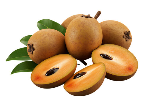 Fresh sapodilla fruits with leaves isolated on transparent background