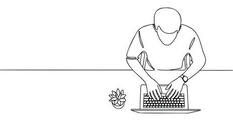 Minimalist continuous line drawing of person typing on laptop with small plant, symbolizing remote work, focus, productivity, and workspace