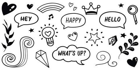 Charming doodle collection featuring conversational speech bubbles, hearts, stars, a crown, and nature elements for creative projects