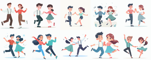 Flat Cartoon Illustration Set of People Performing Social Dance Couple