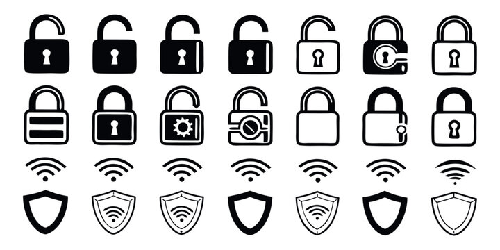Secure your digital world with an array of modern lock, shield, and Wi-Fi icons representing data protection and safety