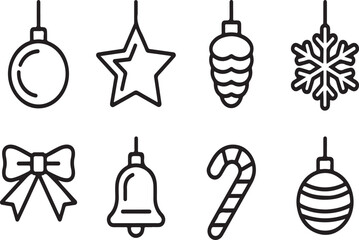 Naklejka premium Christmas Tree Ornaments Outline Icons – Baubles, Stars, and Festive DecorationsChristmas Tree Ornaments Outline Icons – Baubles, Stars, and Festive Decorations