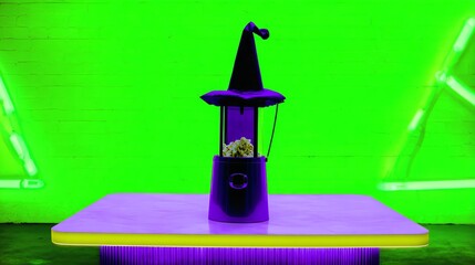 Obraz premium Making Popcorn with a Witch Hat Popcorn Maker on Colorful Counter