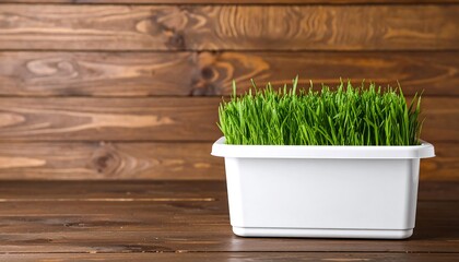 Freshly grown grass sprouts in a simple white rectangular planter sit on a wooden surface.