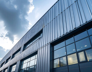 Modern industrial building exterior with large glass windows reflecting cloudy sky and sunlight